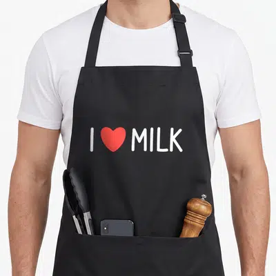 Lactose milk aprons - I MILK text with red heart between letters I and M — shown on a black cotton canvas apron against a white background