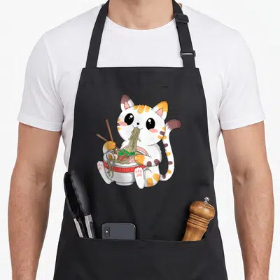 Japanese anime ramen cat apron - Cartoon calico cat holding chopsticks and eating noodles from a red patterned bowl — shown on a black cotton canvas apron against a white background