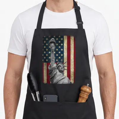 Statue american flag apron - Distressed Statue of Liberty in grey against a red white and blue USA flag background — shown on a black cotton canvas apron against a white background
