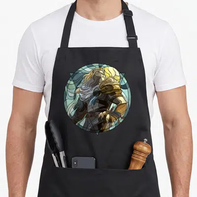 Ajani stained apron - Lion in stained glass style within circle, triangle, and moon using blue, gold, brown, and green — shown on a black cotton canvas apron against a white background