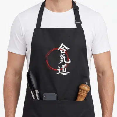 Aikido martial apron - Three white kanji characters stacked vertically over a red distressed brush-stroke circle — shown on a black cotton canvas apron against a white background