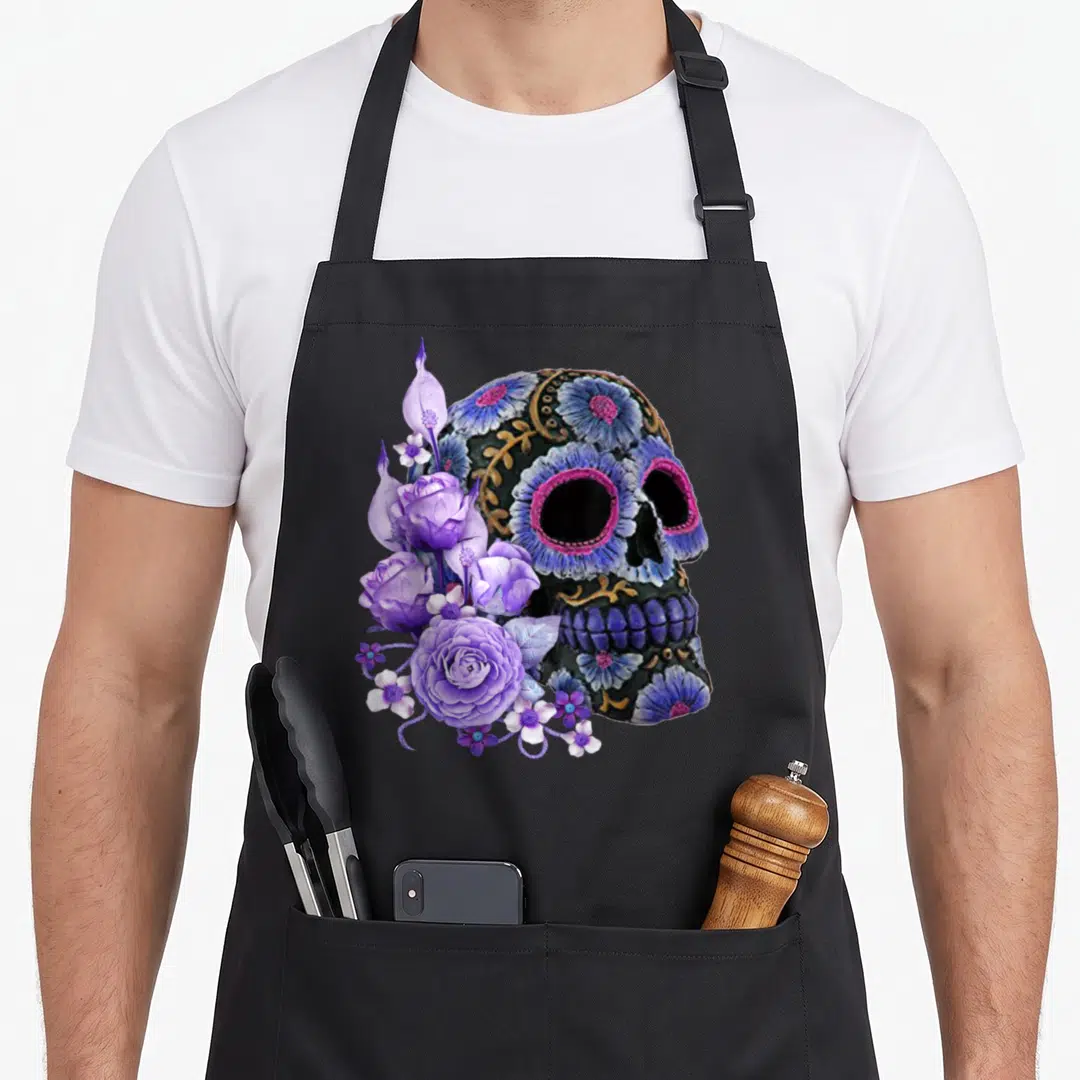 Floral day of the dead apron - Realistic black sugar skull with purple roses and floral details — shown on a black cotton canvas apron against a white background