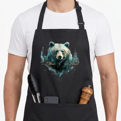 Wildlife landscape bear apron - Realistic bear head with pine trees and water reflection in white teal and brown — shown on a black cotton canvas apron against a white background
