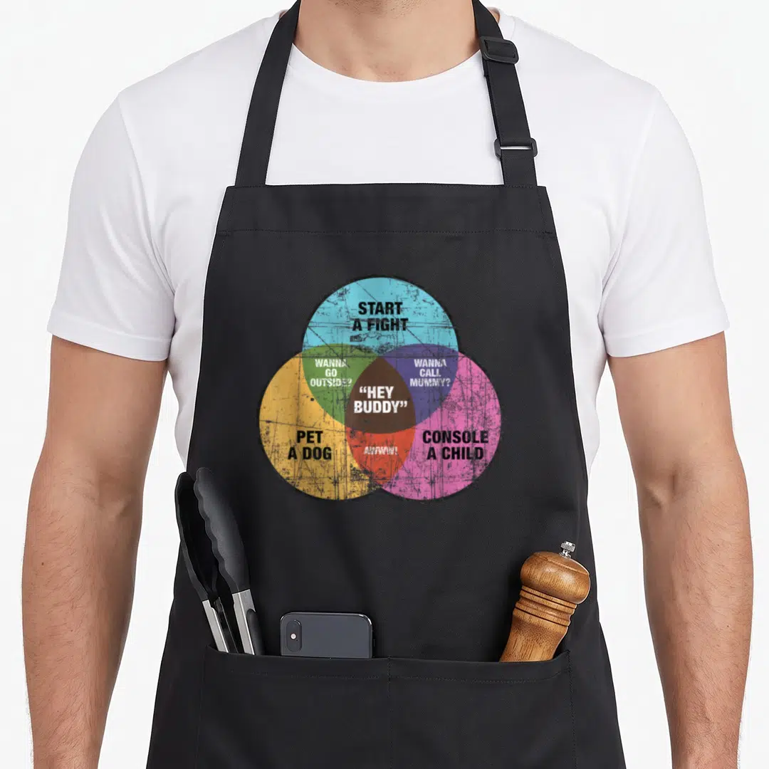 Hey dog apron - Distressed Venn diagram with blue yellow and pink circles containing text about petting a dog — shown on a black cotton canvas apron against a white background