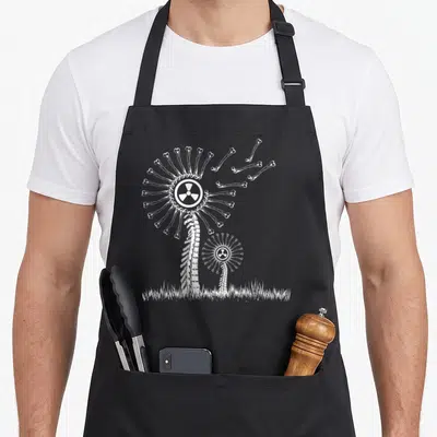 Radiologic radiology apron - White line art of two bone flowers with radiation symbols growing from grass — shown on a black cotton canvas apron against a white background