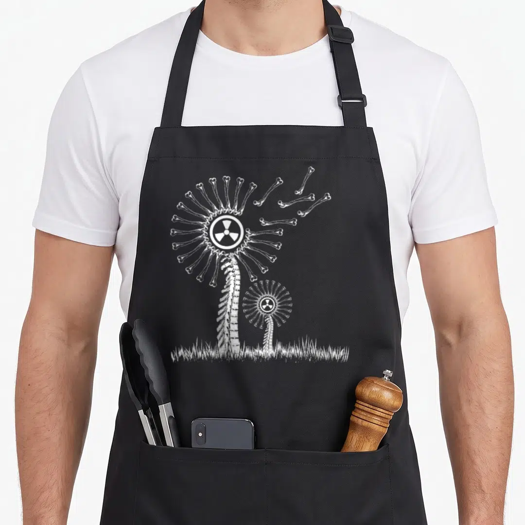 Radiologic radiology apron - White line art of two bone flowers with radiation symbols growing from grass — shown on a black cotton canvas apron against a white background