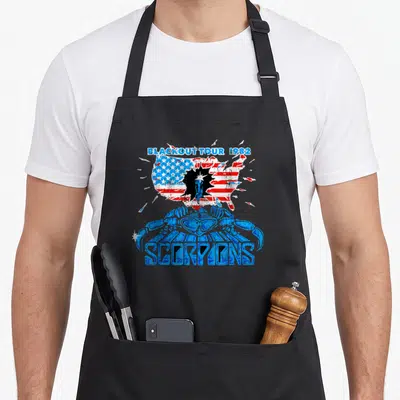 Tour scorpion apron - Distressed blue scorpion below red white and blue USA map with tour text — shown on a black cotton canvas apron against a white background