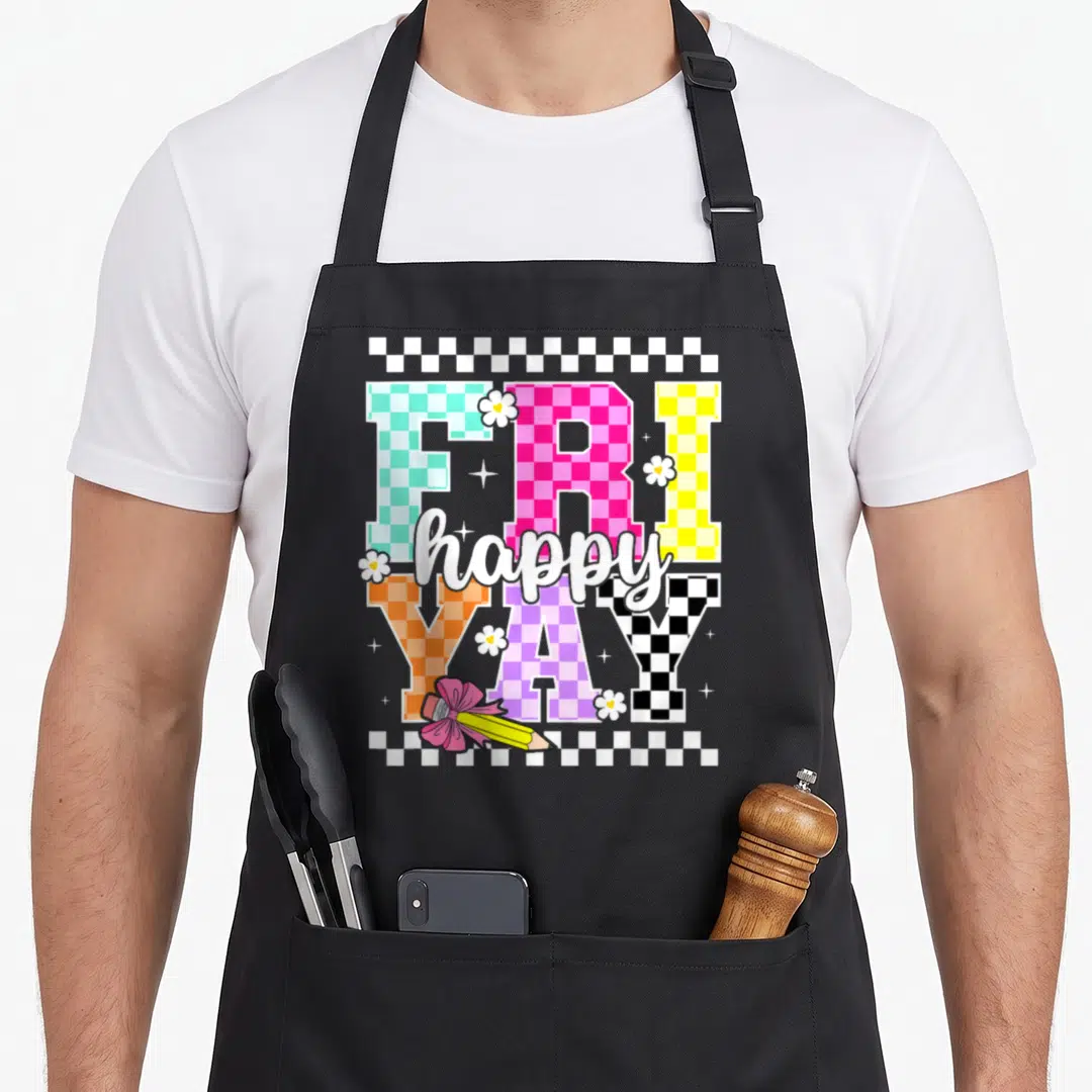 Ckeckered teacher apron - Fri Yay text with colorful checkers, pencil, and flowers — shown on a black cotton canvas apron against a white background