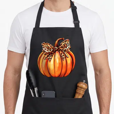 Coquette thanksgiving apron - Realistic orange pumpkin with leopard print bow tied around stem — shown on a black cotton canvas apron against a white background