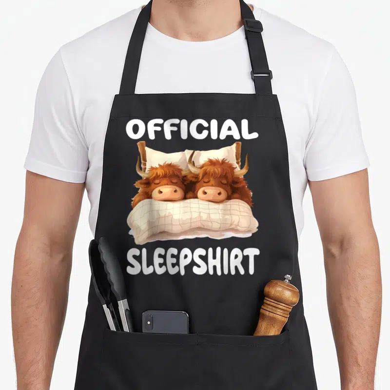 Scottish sleepshirt highland cow apron - Two brown highland cows sleeping in a beige bed with white official sleepshirt — shown on a black cotton canvas apron against a white background