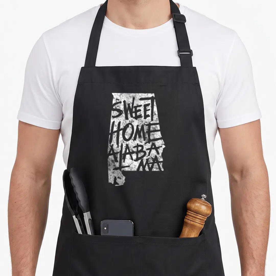 Birmingham alabama apron - White Alabama state map silhouette with distressed grey Sweet Home Alabama text overlay — shown on a black cotton canvas apron against a white background