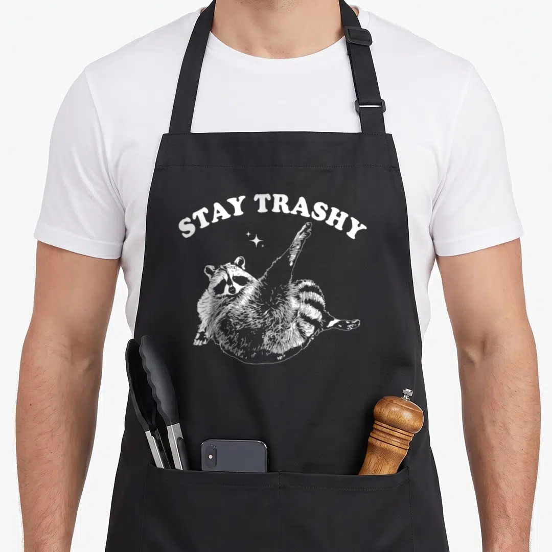 Stay Raccoon Apron Featuring STAY TRASHY Text