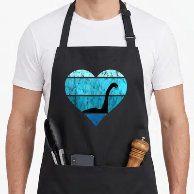 Ocean loch ness monster apron - Black dinosaur silhouette inside a heart with four distressed blue horizontal bands — shown on a black cotton canvas apron against a white background