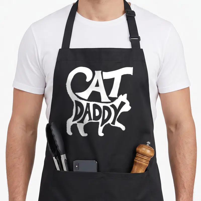 Simple cat apron - White cat silhouette formed by CAT DADDY text on black fabric — shown on a black cotton canvas apron against a white background