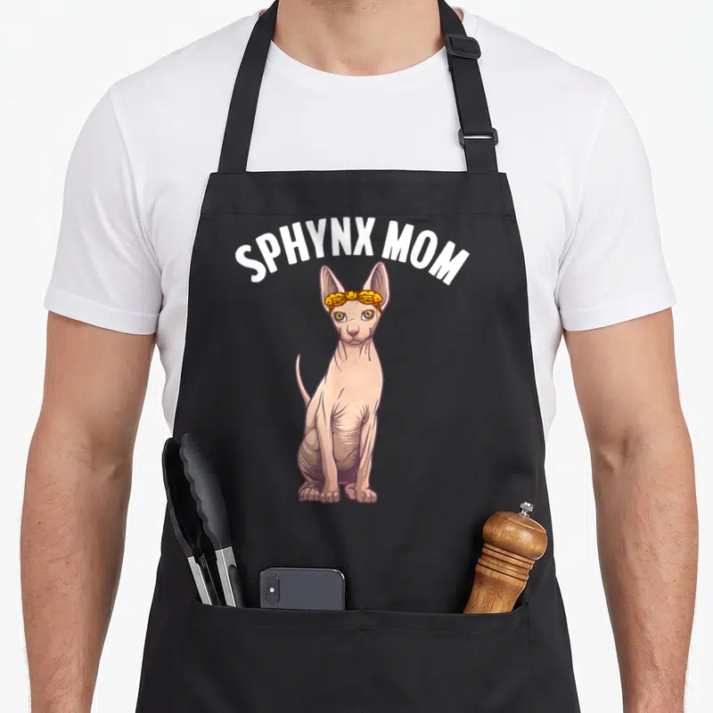 Sphynx grandma apron - Sitting pink sphynx cat with yellow pizza bow and white SPHYNX MOM text — shown on a black cotton canvas apron against a white background