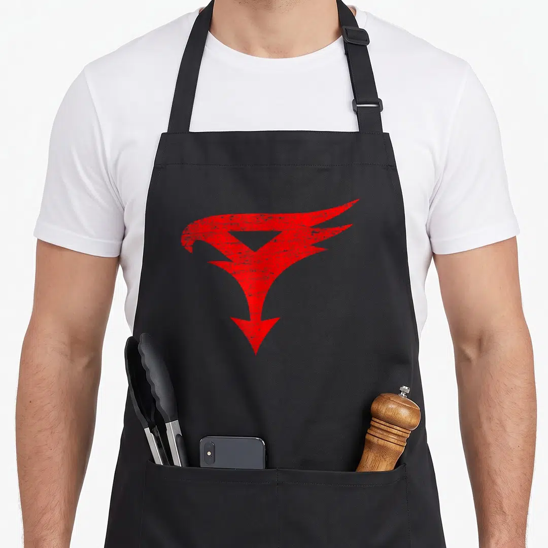 Ninja science apron - Red distressed stylized bird wing logo centered on grey background — shown on a black cotton canvas apron against a white background