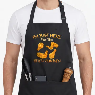 Fried chicken apron for women - Four golden brown cartoon fried chicken pieces framed by orange text reading I'M JUST — shown on a black cotton canvas apron against a white background