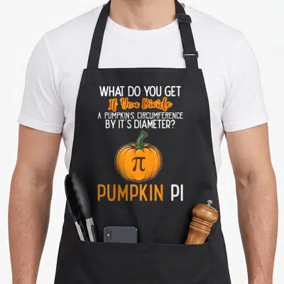 Pumpkin teacher apron - Orange pumpkin with pi symbol and math pun text in white and black — shown on a black cotton canvas apron against a white background