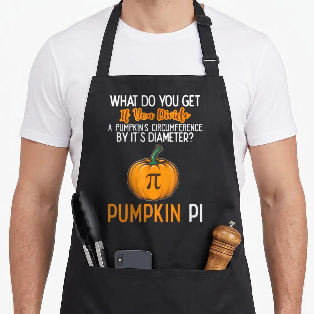 Pumpkin teacher apron - Orange pumpkin with pi symbol and math pun text in white and black — shown on a black cotton canvas apron against a white background