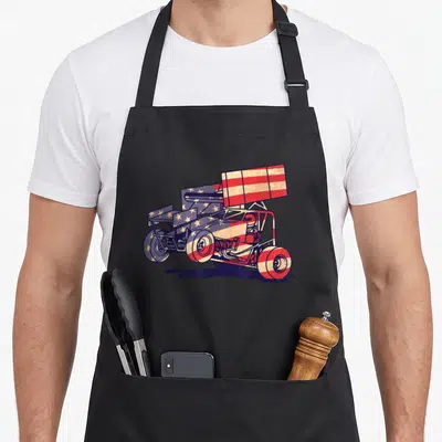 Sprint american flag apron - Distressed red white blue sprint car filled with US flag stars and stripes pattern — shown on a black cotton canvas apron against a white background
