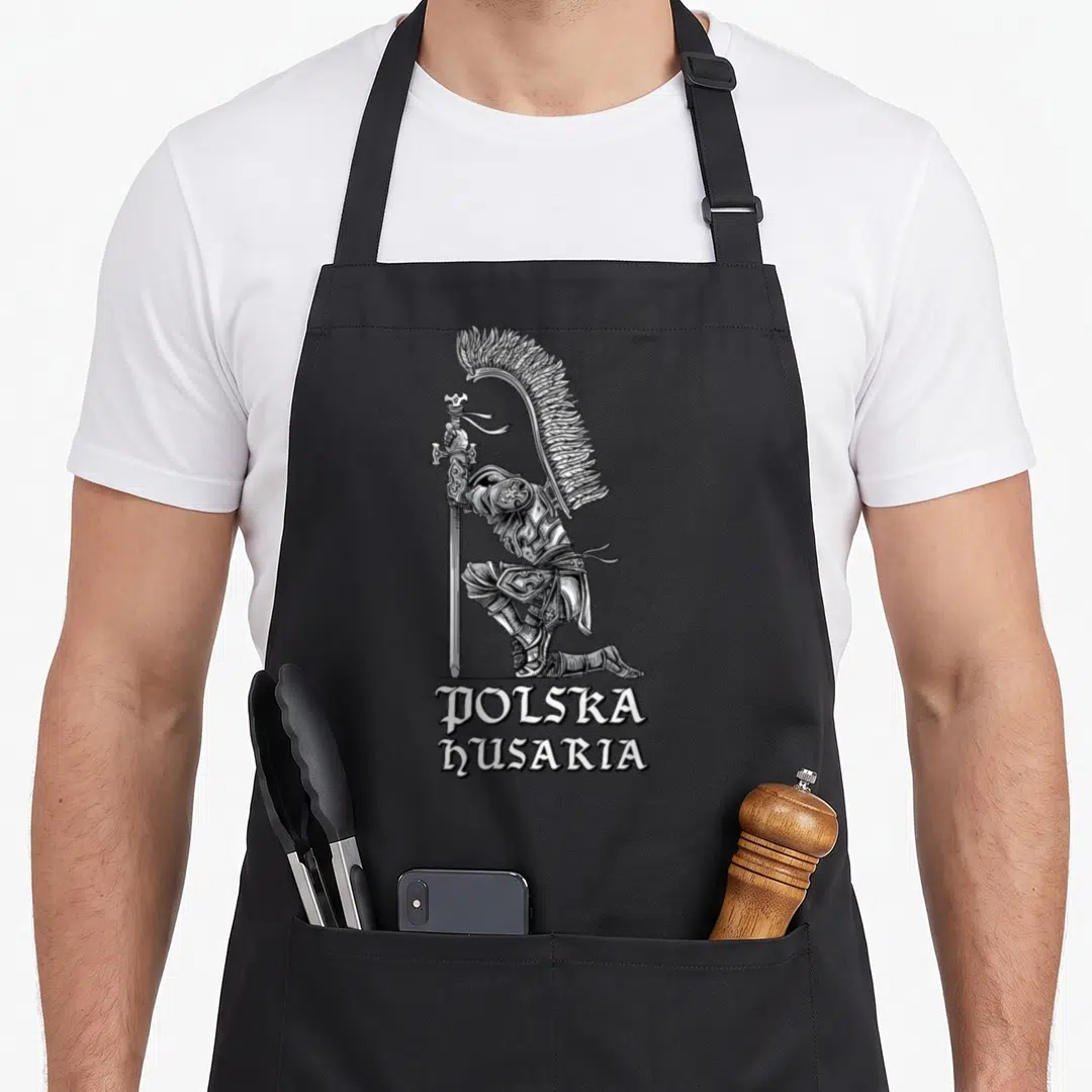 Hussar polish aprons - Kneeling winged hussar with sword above stacked POLSKA HUSARIA text in white line art — shown on a black cotton canvas apron against a white background