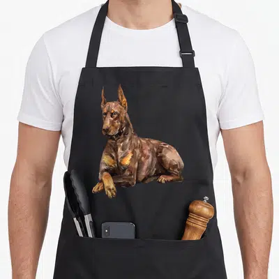 Watercolour portrait dog apron - Brown and tan watercolor painting of a seated Doberman Pinscher with pointed ears — shown on a black cotton canvas apron against a white background