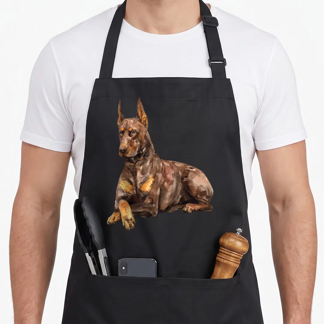 Watercolour portrait dog apron - Brown and tan watercolor painting of a seated Doberman Pinscher with pointed ears — shown on a black cotton canvas apron against a white background