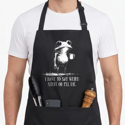 Ill meme apron - White line-art frog holding a mug with text I HAVE TO SAY WEIRD STUFF OR I'll DIE below — shown on a black cotton canvas apron against a white background