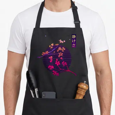 Calmness cherry print apron - Cherry blossom branch over striped purple circle with vertical Japanese text in cartoon — shown on a black cotton canvas apron against a white background
