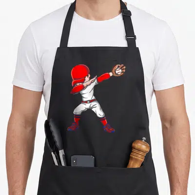 Drawing baseball apron - Cartoon baseball player pitching in red white blue uniform with brown glove — shown on a black cotton canvas apron against a white background