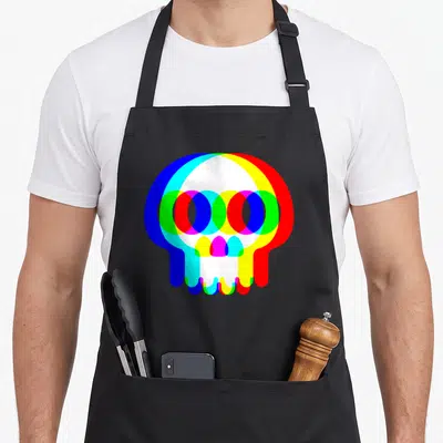Techno halloween apron - Minimalist skull formed by overlapping translucent blue, red, yellow, green, magenta, cyan — shown on a black cotton canvas apron against a white background