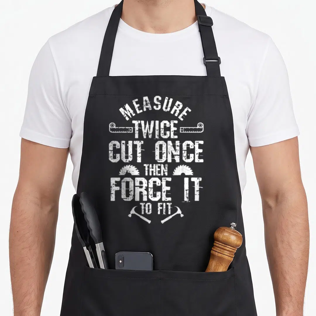 Measure carpentry apron - White distressed text reading MEASURE TWICE CUT ONCE THEN FORCE IT TO FIT with tape measures — shown on a black cotton canvas apron against a white background