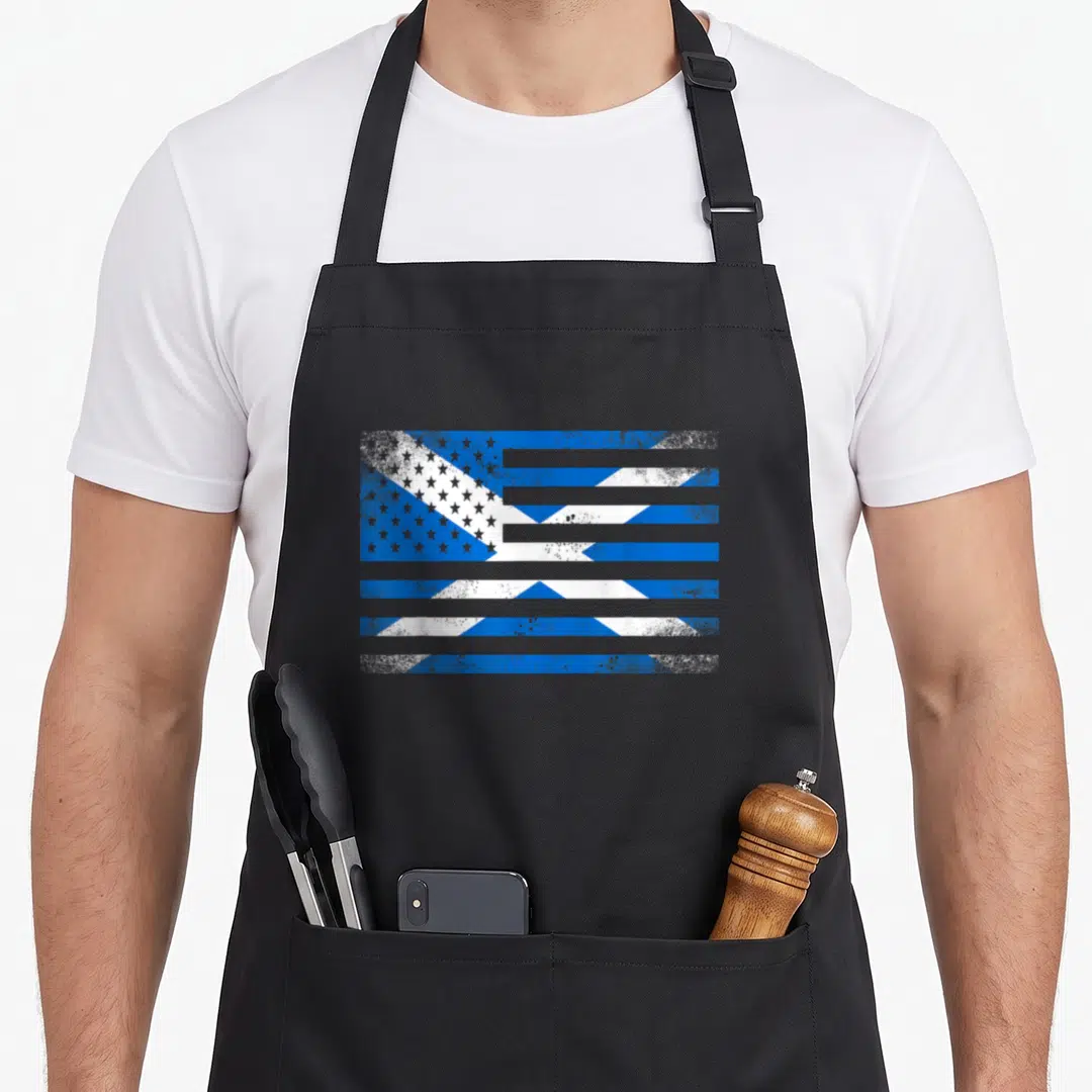 Scottish proud american flag apron - Distressed blue and white flag with horizontal gaps and star field overlay — shown on a black cotton canvas apron against a white background