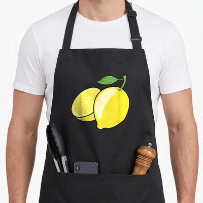 Vintage lemon apron - Cartoon yellow lemon whole and slice with green leaf on black background — shown on a black cotton canvas apron against a white background