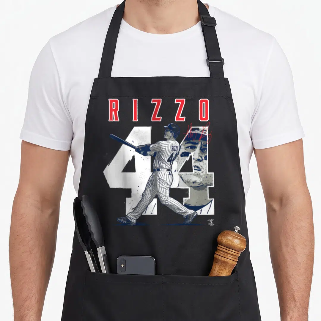 Anthony mvp apron - RIZZO name and number 44 with baseball player swinging bat in red and grey — shown on a black cotton canvas apron against a white background