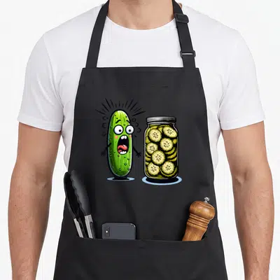 Surprise pickle apron - Terrified cartoon pickle standing beside a glass jar of yellow pickle slices on a grey — shown on a black cotton canvas apron against a white background