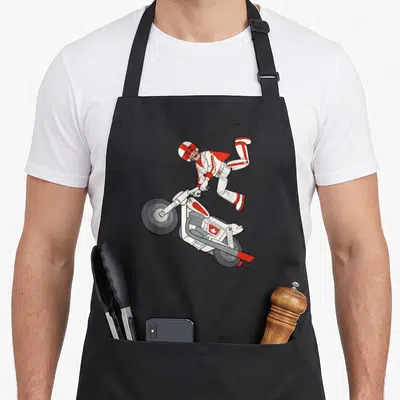 Duke jump apron - Cartoon motorcyclist in white and red suit with maple leaf on grey background — shown on a black cotton canvas apron against a white background