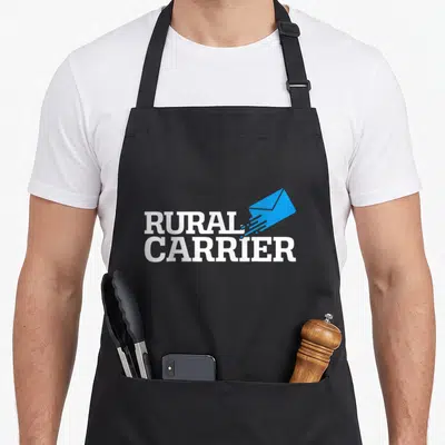 Carrier mailman postal aprons - White rural carrier text next to a blue envelope with motion lines — shown on a black cotton canvas apron against a white background