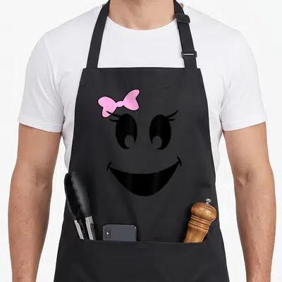 Ghost bow apron - Cartoon black smiley face with pink bow and eyelashes — shown on a black cotton canvas apron against a white background