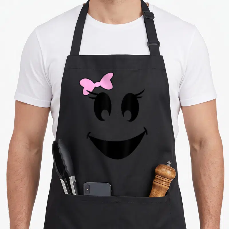 Ghost bow apron - Cartoon black smiley face with pink bow and eyelashes — shown on a black cotton canvas apron against a white background
