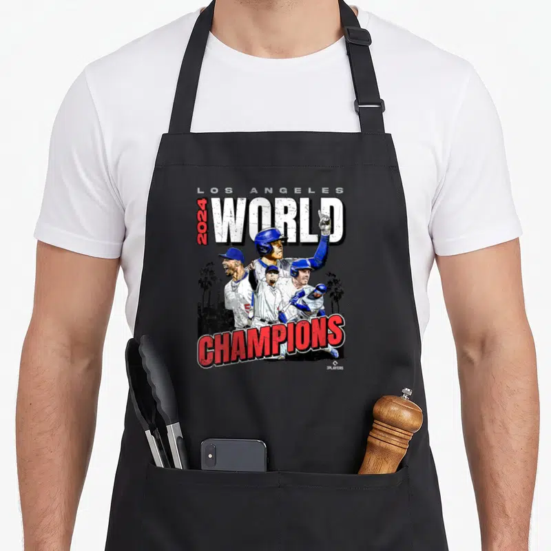 Champion game day apron - Four baseball players and palm trees with 2024 World Champions text in distressed red and blue — shown on a black cotton canvas apron against a white background