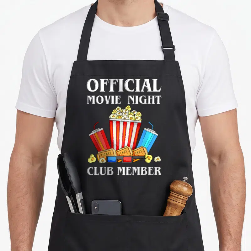 Movie night outfit family aprons - Official Movie Night Club Member design with popcorn, tickets, and 3D glasses in red — shown on a black cotton canvas apron against a white background