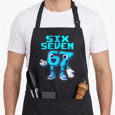Brainrot gaming italian apron - Pixelated blue 67 character with white gloves and stacked SIX SEVEN text above — shown on a black cotton canvas apron against a white background