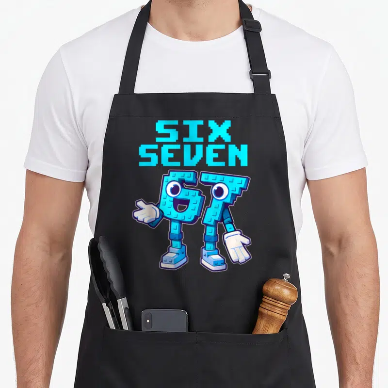 Brainrot gaming italian apron - Pixelated blue 67 character with white gloves and stacked SIX SEVEN text above — shown on a black cotton canvas apron against a white background
