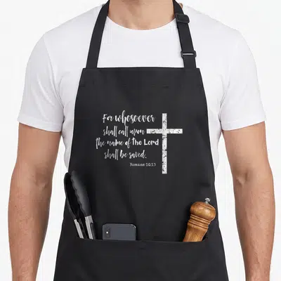 Kjv christian apron - White stacked scripture text and distressed cross on grey background — shown on a black cotton canvas apron against a white background