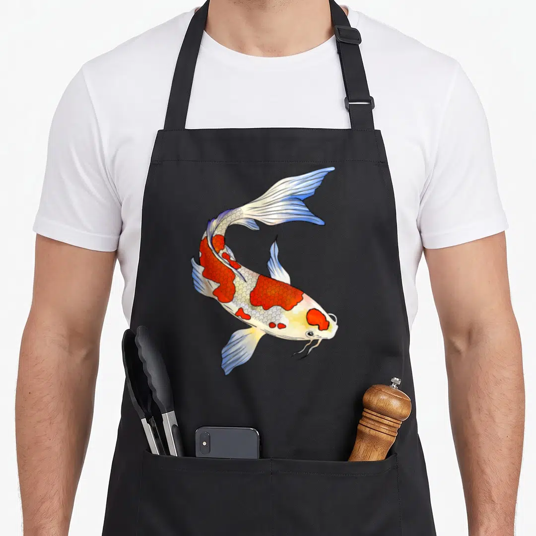Chinese fish apron - Realistic koi fish illustration in white orange and blue on black fabric — shown on a black cotton canvas apron against a white background