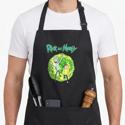 Dimension general apron - Rick and Morty stepping from green portal with blue title text — shown on a black cotton canvas apron against a white background