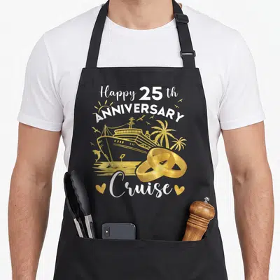 Cruise wedding apron - Gold cruise ship and two rings below white Happy 25th Anniversary Cruise text — shown on a black cotton canvas apron against a white background