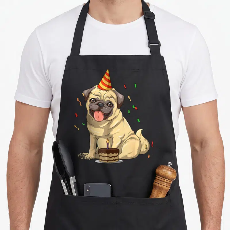 Surrealpug cartoon apron - Tan pug wearing striped party hat behind chocolate cake with scattered confetti — shown on a black cotton canvas apron against a white background