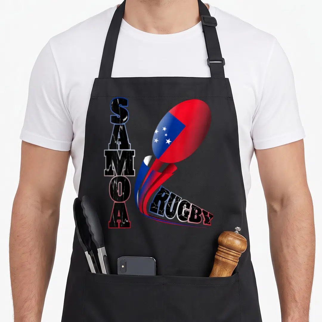 Samoa distressed apron - Vertical SAMOA text beside flag-patterned rugby ball with red blue black white swoosh leading — shown on a black cotton canvas apron against a white background